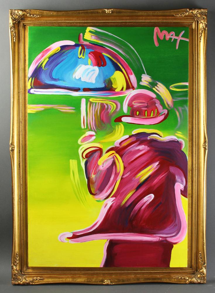 Attr to Peter Max, Umbrella Man, Oil on Canvas: Attributed to Peter Max (b. 1937), "Umbrella Man", oil on canvas, signed U/R, 36" x 24", framed 41" x 29 1/4". Provenance: North Wales, Pennsylvania estate.
