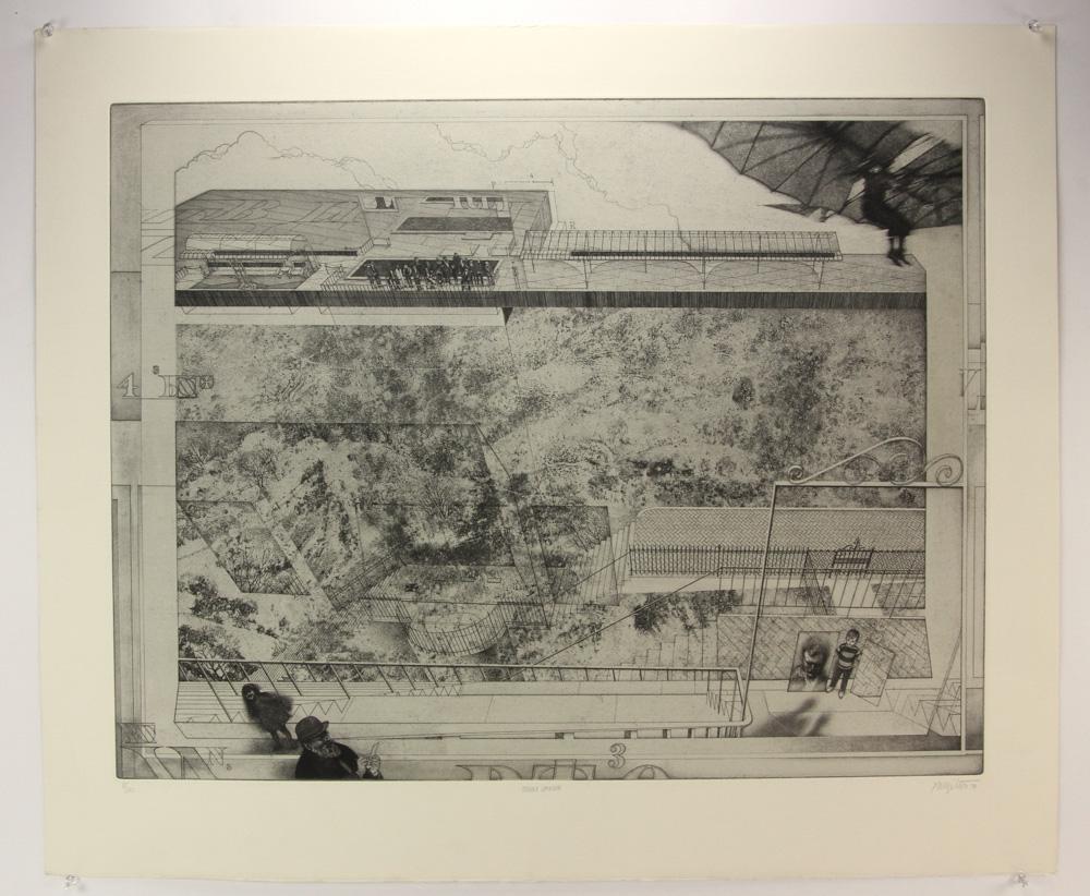Peter Milton, Second Opinion, Etching: Peter Milton (American, b. 1930), titled lower center "Second Opinion", etching and engraving, editioned 51/140 L/L, signed and dated 1974 L/R, sheet size 27 1/2" x 32 1/2". Provenance: From a Boston,