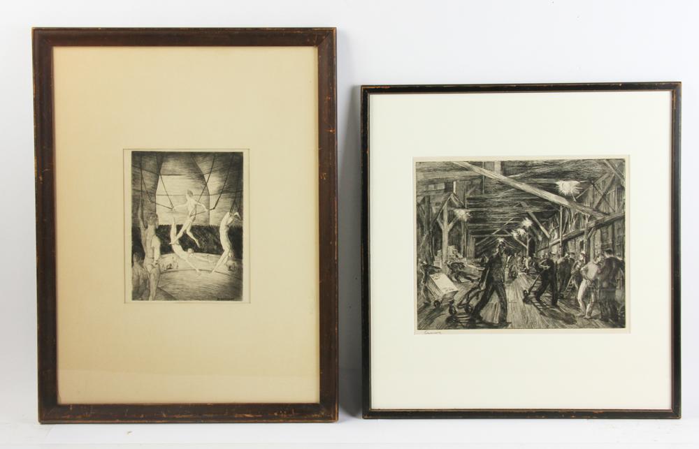 Two Signed Engravings: Two engravings, a factory scene signed L/L, Cuming (Beatrice Cuming, b.1903), an aerial acrobatic scene signed L/R, M. Nathans, 9" x 11", frame 17 3/4" x 17". Provenance: From a Peabody, Massachusetts