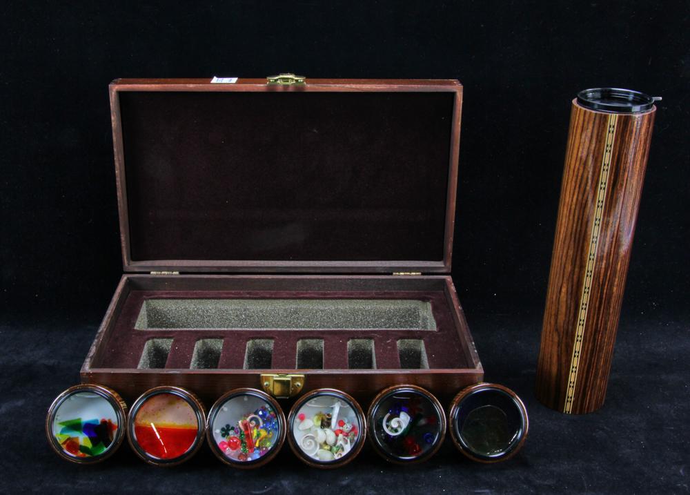Kaleidoscope in Wood Box: Kaleidoscope with set of (6) of inserts in wood box, 4 1/8" H x 14 1/2" W x 18 1/2" D. Provenance: From a Prides Crossing, Massachusetts estate.