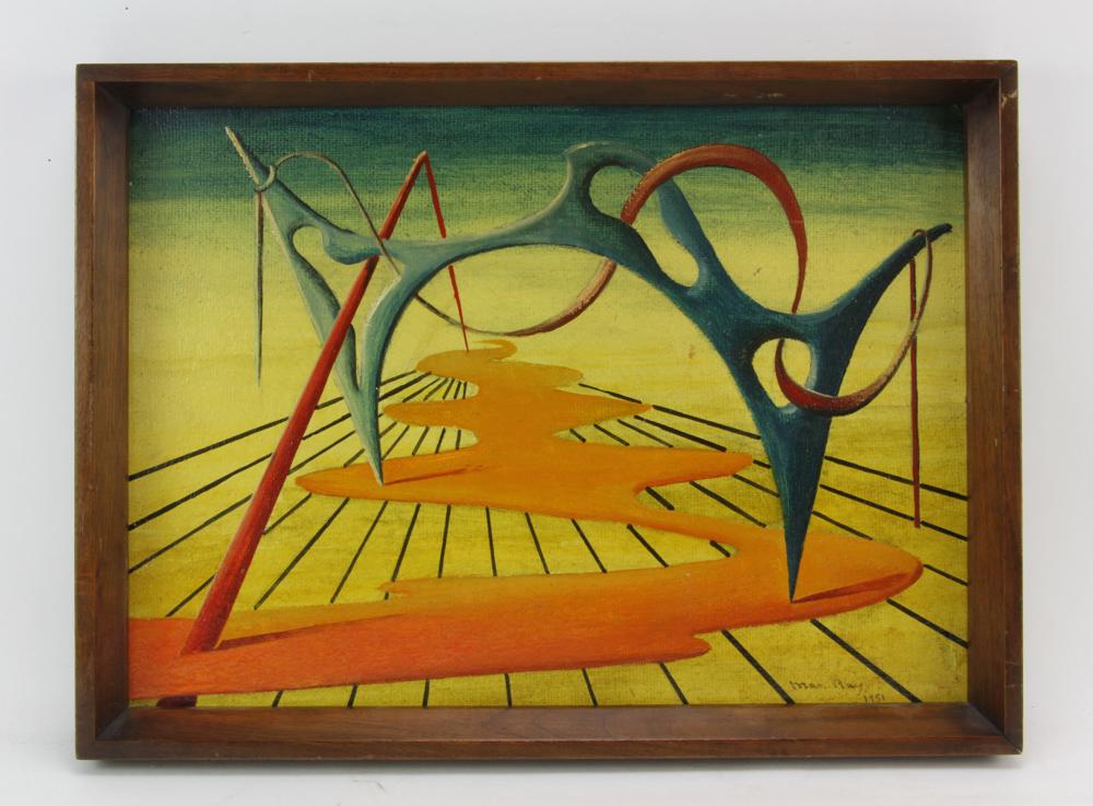 In Manner of Man Ray, Surrealist Composition: In the manner of Man Ray, surrealist composition, oil on board, bears signature 'Man Ray', dated 1951, 13" x 18", framed 14" x 19". Provenance: From a Boca Raton, Florida estate.