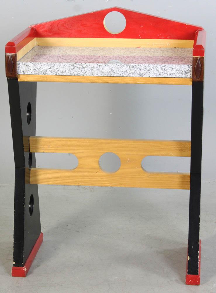 Memphis Style Stand: Memphis-style stand, 32" H x 22" W x 12" D. Provenance: Malibu, California estate.