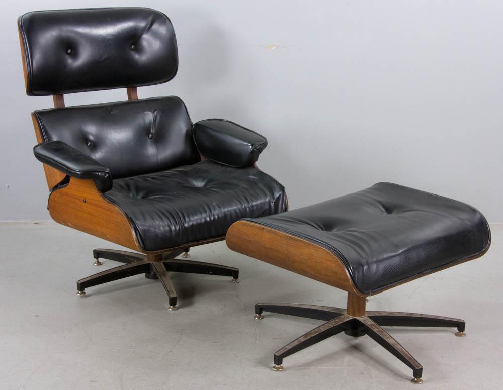 Plycraft Chair and Ottoman: Plycraft chair and ottoman, black uphostery, unsigned, chair 37" H x 33" W x 27" D; ottoman 17" H x 26" W x 20" D. Provenance: Florida estate.