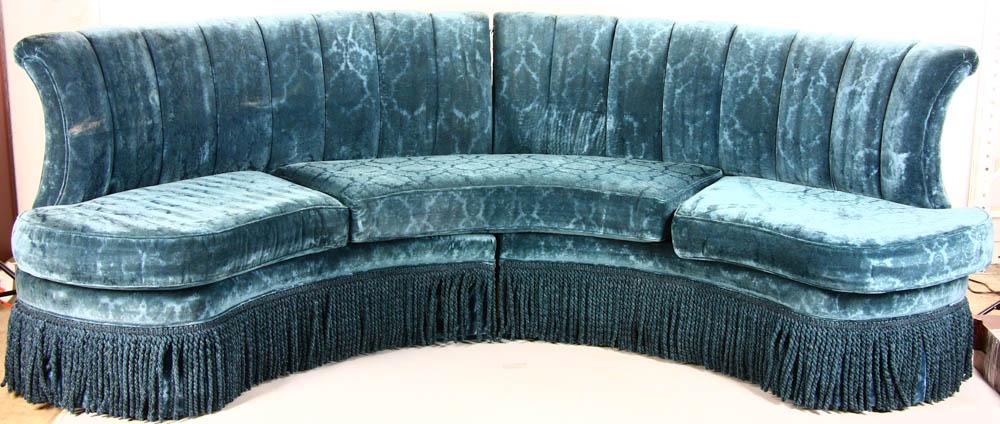 Two Piece Sectional Sofa, Velvet Upholstery: Two-piece sectional sofa with velvet upholstery and fringe, each section 40" H x 66" W x 25" D. Provenance: West Palm Beach, Florida estate.