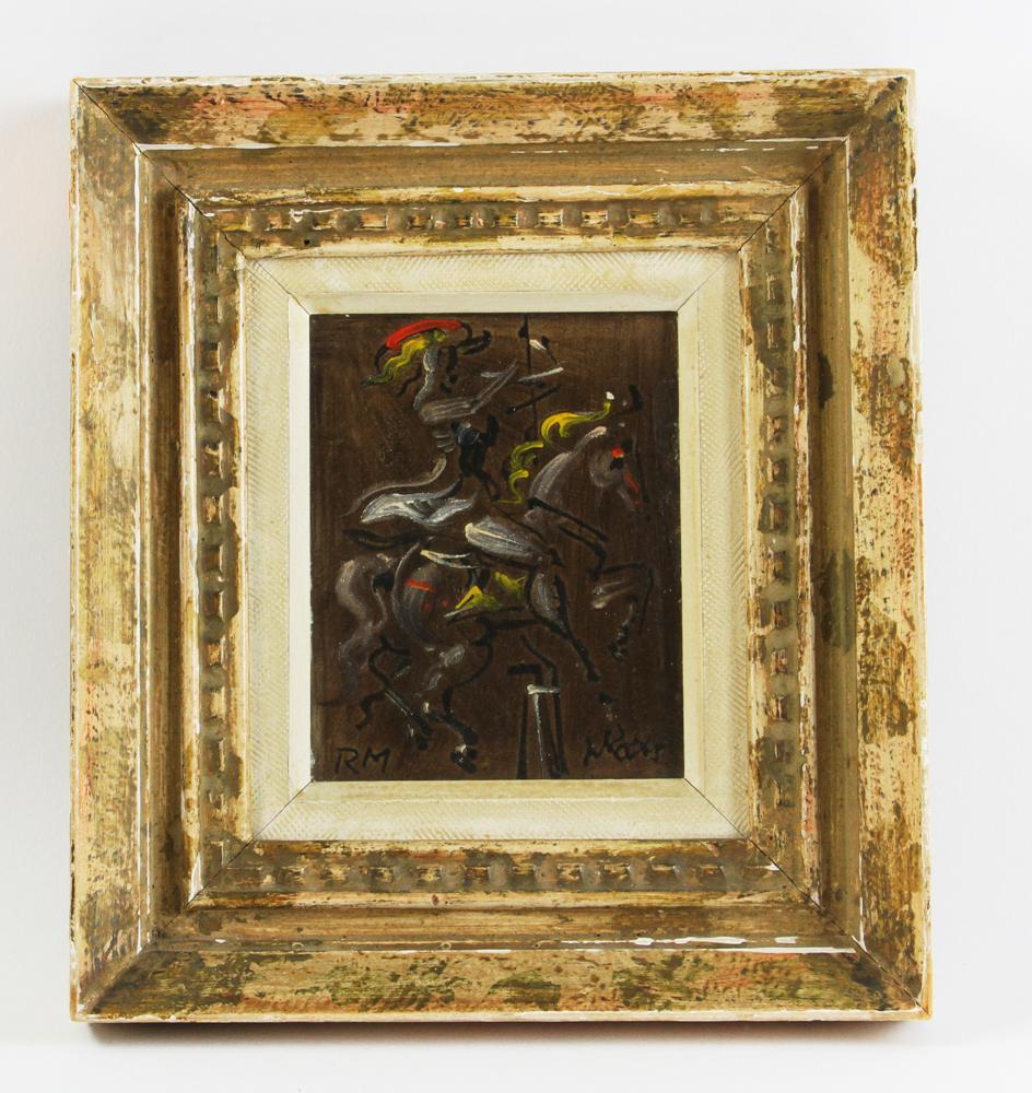 Bears Initials of Reginald Marsh, Figure on Horse: Figure on horse, initialed R.M. possibly Reginald Marsh, oil on panel, 4 3/4" x 3 3/4", framed 9" x 8 1/2". Provenance: From a Lake Worth, Florida estate.