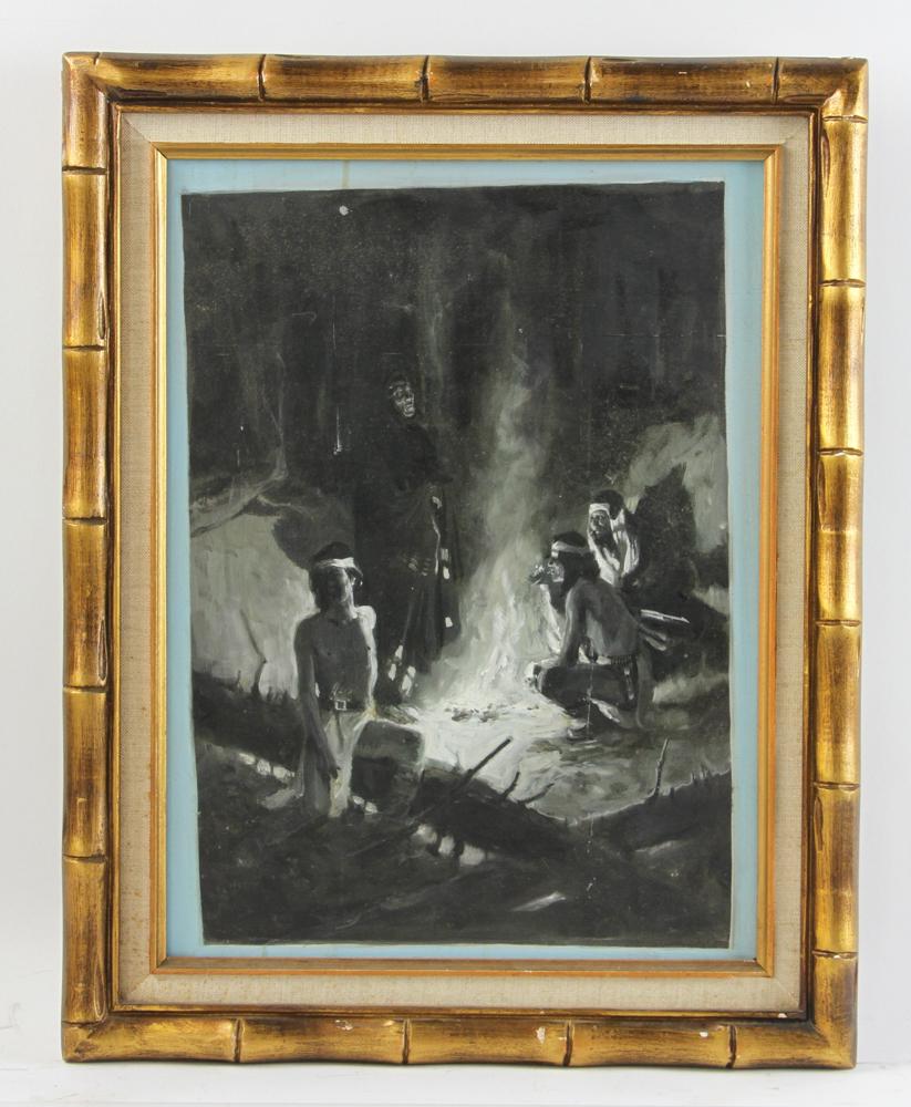 Indian Encampment, Oil on Board: Indian encampment, oil on board, black and white, 16" x 12", framed 19" x 15". Provenance: From a West Palm Beach, Florida estate.