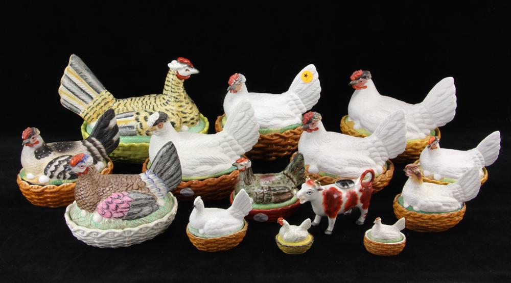 Collection of Staffordshire Hens On Nest: Large collection of 19th and 20th century Staffordshire pottery hens-on-nest, one marked 'Noritake', thirteen (13) total , together with a Staffordshire pottery cow-form creamer, largest hen measures 