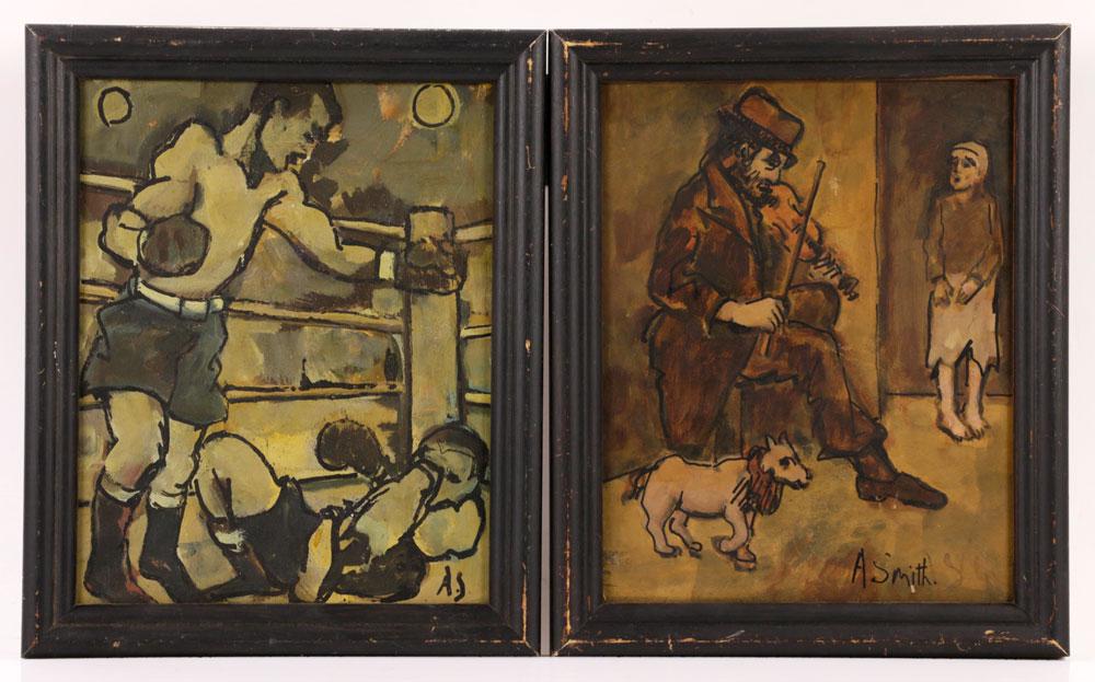 Smith, Two Illustrations, Oil on Board: Al Smith, two illustrations, one depicting boxers, the other depicting man playing violin, oil on board, signed, 11 1/2" H x 9 1/2" W (frame).