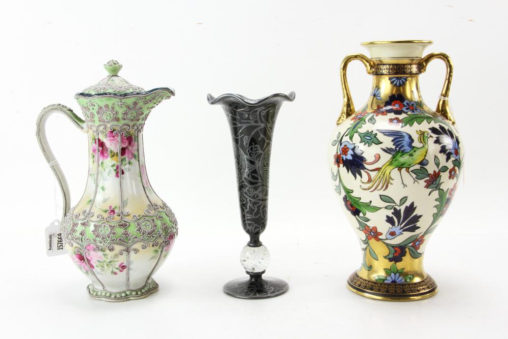 Nippon Chocolate Pot and Two Vases: Three items, including: Nippon covered chocolate pot, 14" H; Japanese Noritake porcelain vase, 11" H; silver overlay on glass vase, 9" H. Provenance: From a Fairfield, Connecticut estate.