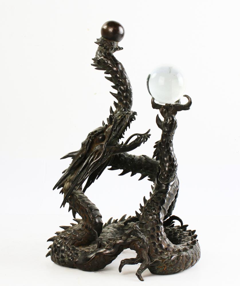 Antique Chinese Bronze Dragon with Crystal: Antique Chinese bronze dragon with crystal ball, 14 3/4" x 9 1/2". Provenance: Florida estate.