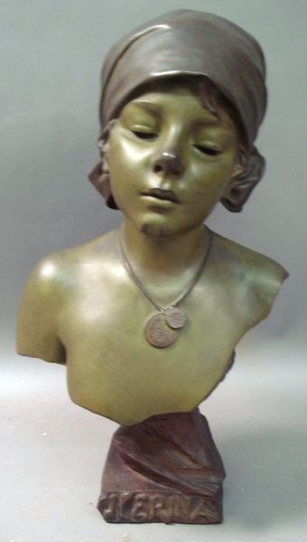 E. Villanis, Bronze Sculpture of Woman, Nerina: E. Villanis, bronze sculpture of young woman, 18" x 10", stamped H. Hershwald Berlin #7194 P, titled "Nerina." Good condition; old patina.