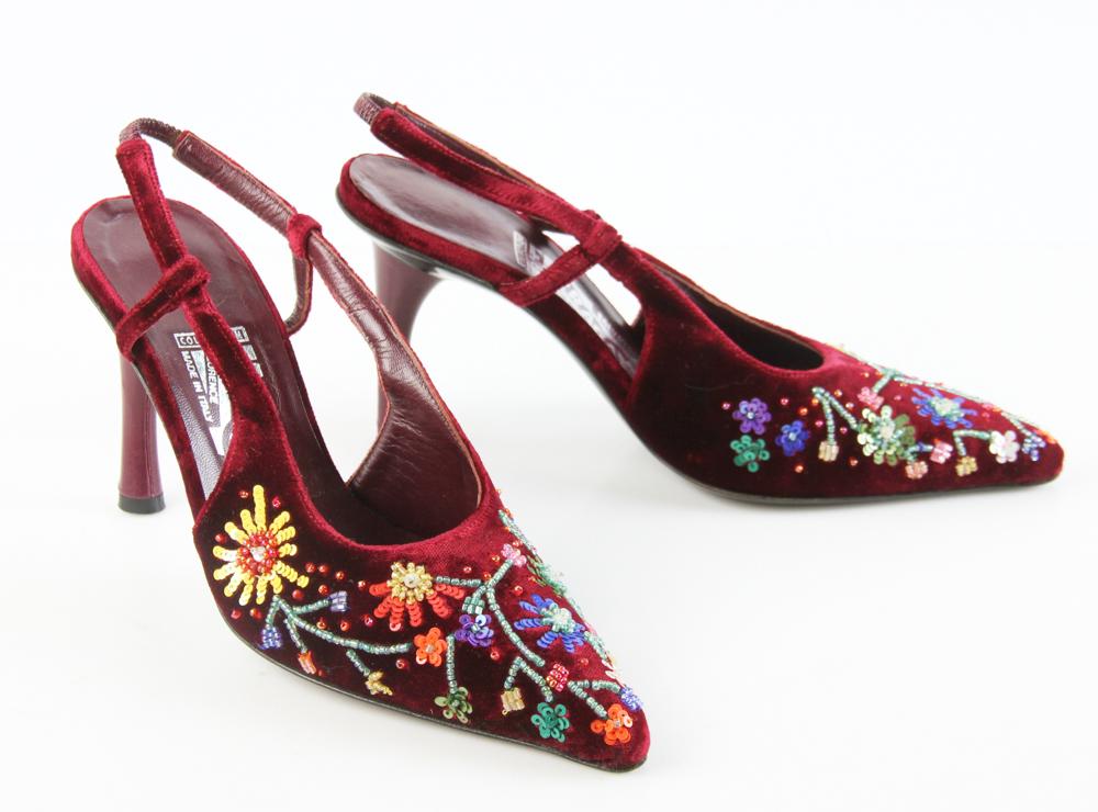 Salvatore Ferragamo Beaded Shoes: Salvatore Ferragamo beaded shoes, size 6.5. Provenance: From a California collector.