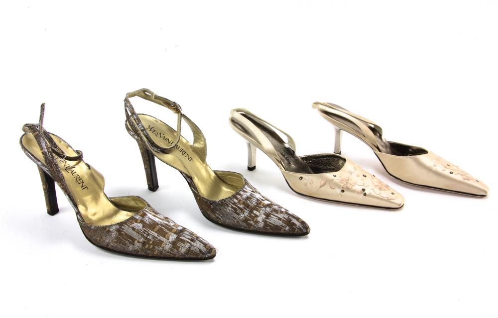 Two Pairs of YSL Shoes: Two pairs of Yves Saint Laurent shoes, to include: one pair with gold and silver colored thread, size 7 narrow; one pair tan, size 6 1/2 M. Provenance: From a California collector.
