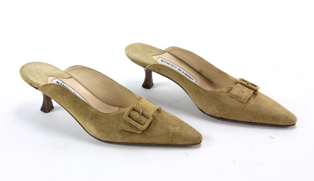 Pair of Tan Suede Manolo Blahnik Shoes: Pair of Manolo Blahnik shoes, tan suede, size 36 1/2. Provenance: From a California collector.