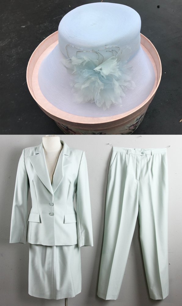 Escada Pale Blue Suit with Hat: Escada pale blue suit, size 38, to include: jacket, skirt, pants and matching hat by Patricia Underwood. Provenance: From a California collector.