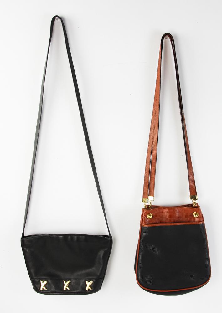 Paloma Picasso and Bottega Veneta Bags: Two designer bags, to include: Paloma Picasso black small pouch shoulder bag with matching key chain, made in Italy; Bottega Veneta double strap cross body bag, navy leather with mahogany trim, made i