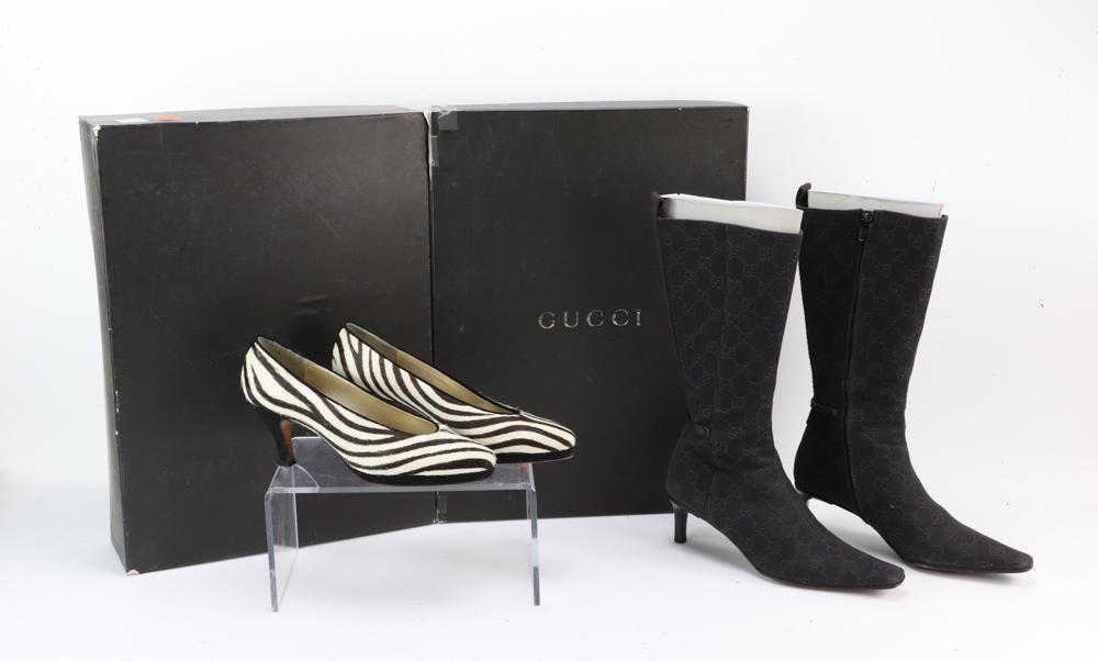 Gucci Fabric Boots and Sesto Meucci Zebra Pumps: Gucci black with brown logo fabric boots, with 2 1/2" heel, size 7, mid calf height, together with Sesto Meucci of Florence zebra fur pumps with low platform, 7 1/2 M. Provenance: From a Beverly, Mass