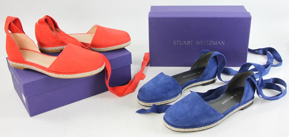 Two Pairs of Stuart Weitzman Espadrilles: Two pairs of Stuart Weitzman, to include: blue suede espadrilles and red suede espadrilles, cousin style, size 8 M, new in boxes, never been worn. Provenance: From a Richmond, Massachusetts estate.
