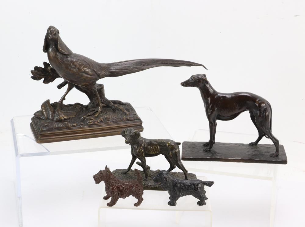 Collection of Bronze Animal Figures: Collection of bronze animal figures, five (5) pieces total, largest 7 1/2" x 11 1/2", marks Noble-95, J.P. Mene, Dubucand, M.K. Gorham, NY Tyson, Gorham Co. Provenance: Keller Estate, Nahant, Massachu