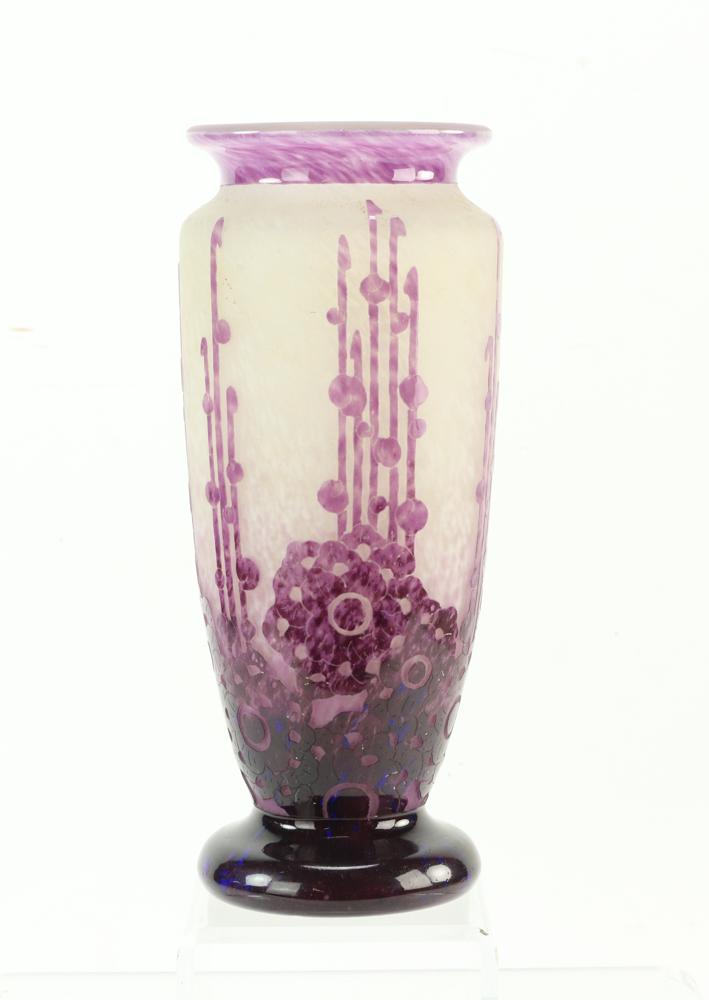 Le Verre Francais Cameo Glass Vase: Charles Schneider cameo cut glass vase with plum colors, signed "Charder Le Verre Francais" with script, acid etched mark on bottom "Ovington, France", 9 1/2" H x 3 1/2" diameter base. Provenance: Kel