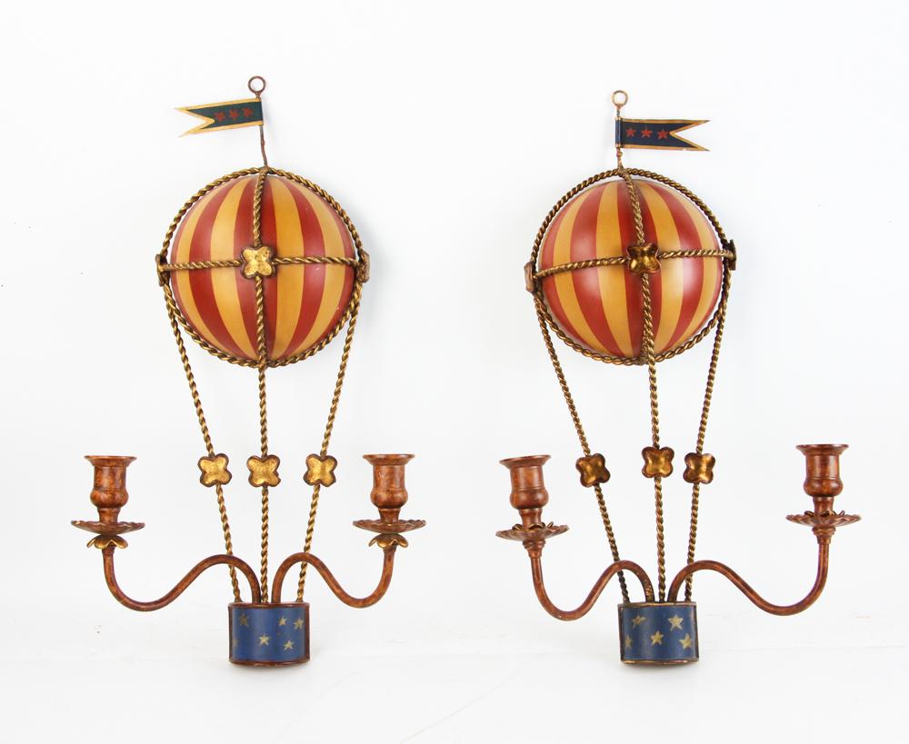 Pair of Painted Metal Balloon Motif Wall Sconces: Pair of painted metal balloon motif wall sconces. Provenance: From a Palm Beach, Florida estate.