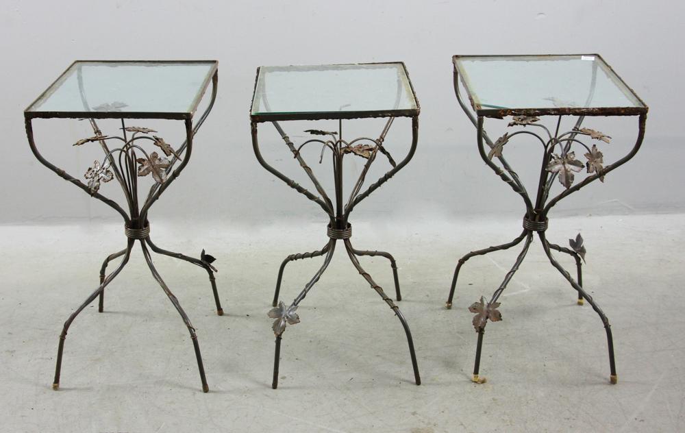 Three Scully & Scully Wrought Iron Snack Tables: Three Scully & Scully wrought iron snack tables, 23" H x 12 1/4" x 15 1/2". Provenance: From a Palm Beach, Florida estate.