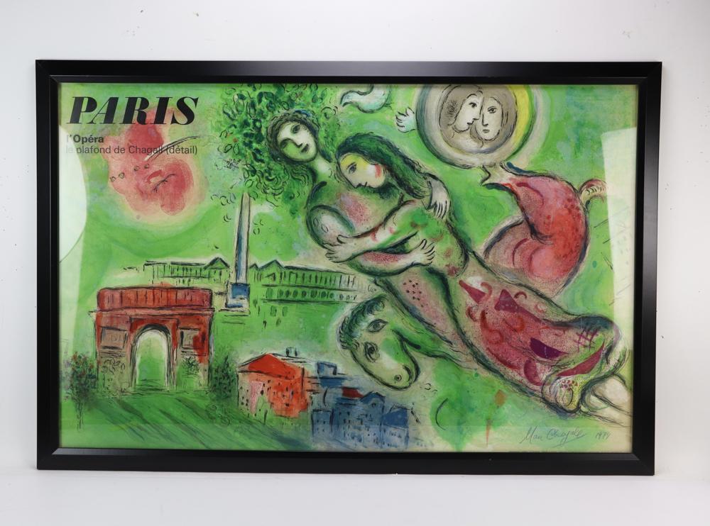 Marc Chagall, L'Opera, Color Lithograph Poster: Marc Chagall (1887-1985), L'Opera, color lithograph poster, signed in blue crayon L/R, and dated 1974, info verso, 27 1/2" x 42". Provenance: From a Savannah, Georgia estate.