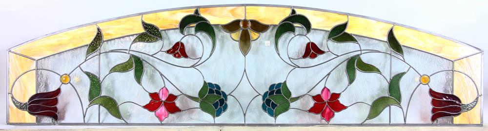 Stained and Leaded Glass Panel: Stained and leaded glass panel, 99" L x 25 1/2" W unframed. Provenance: Beverly, Massachusetts estate.