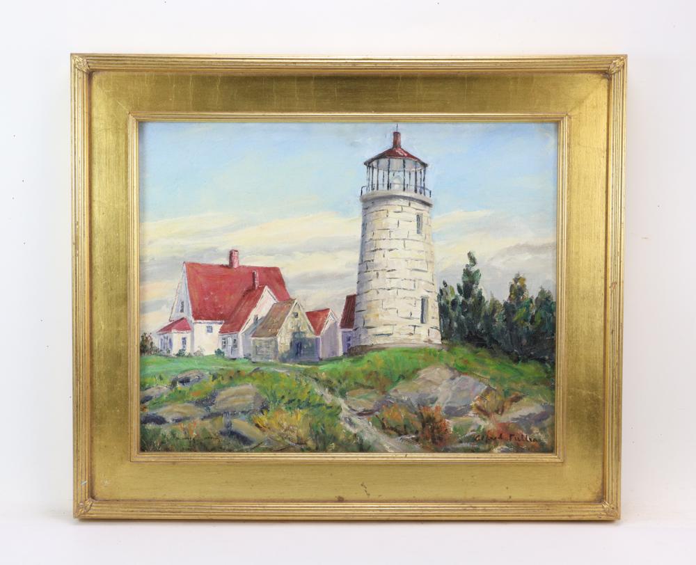 Alfred Russell Fuller, Monhegan Light: Alfred Russell Fuller (Maine, 1899-1980), Monhegan Light, oil on board, signed L/R, 16" x 20", frame 21 1/2" x 26 1/2". Provenance: Wakefield, Massachusetts estate.