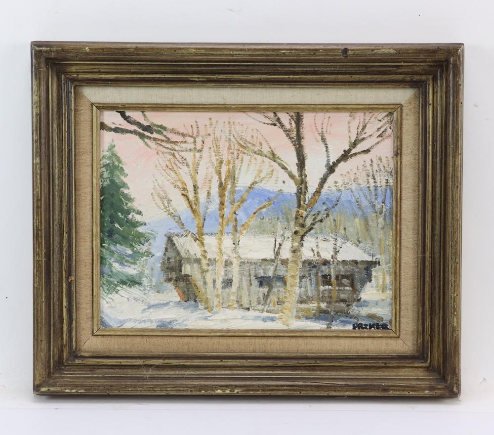 Richard Packer, Winter at Covered Bridge: Richard G. Packer (New Hampshire, 1916-1998), Winter at Covered Bridge, Albany, NH, oil on board, signed L/R, 9" x 12", frame 13 1/2" x 16 1/2". Provenance: Wakefield, Massachusetts estate.