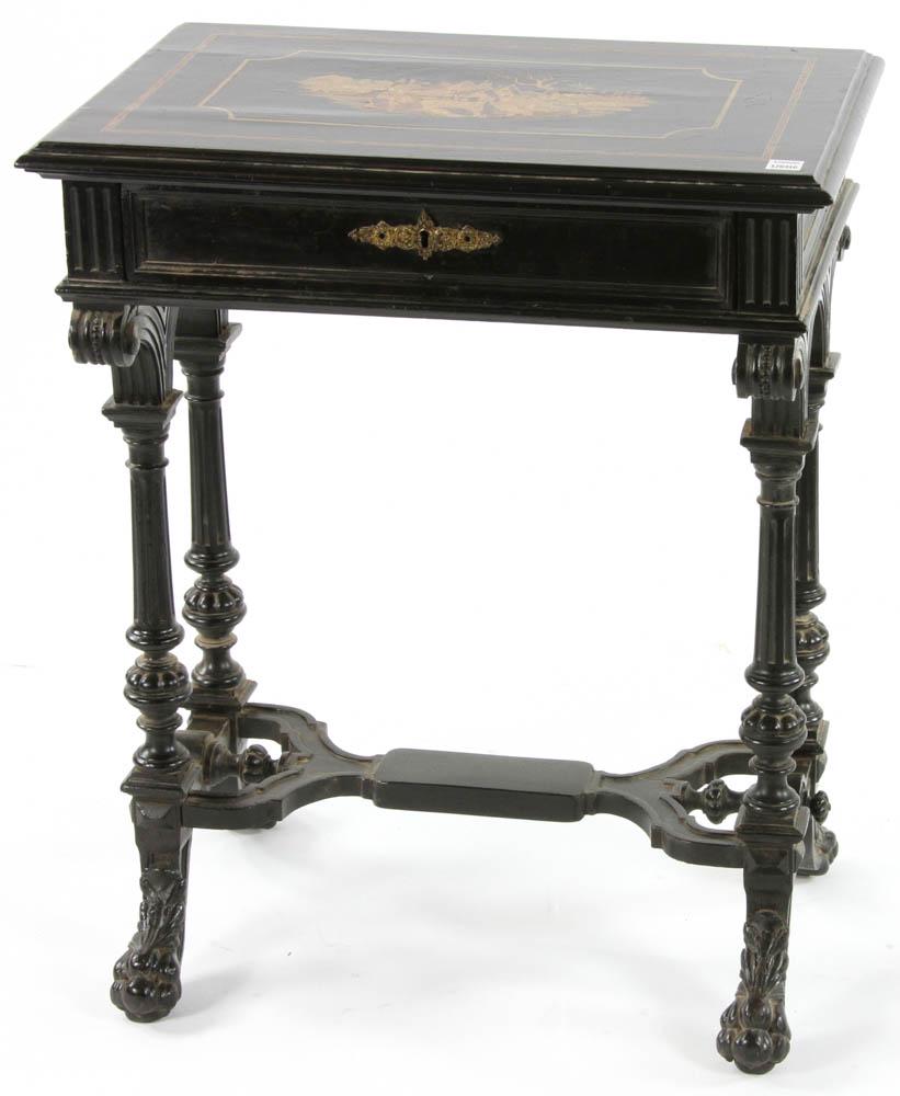 Continental Marquetry Inlaid Lift Top Table: Continental marquetry inlaid black lacquered lift-top table with a fitted drawer and mirror, circa 1880, 29 1/2" H x 24 1/2" W x 17" D.