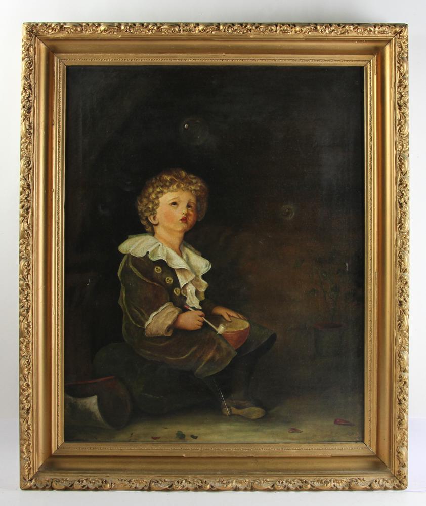 19thC American Portrait of Boy Blowing Bubbles: 19th century American portrait of a boy blowing bubbles, oil on canvas, 30" x 24", framed 36" x 29".