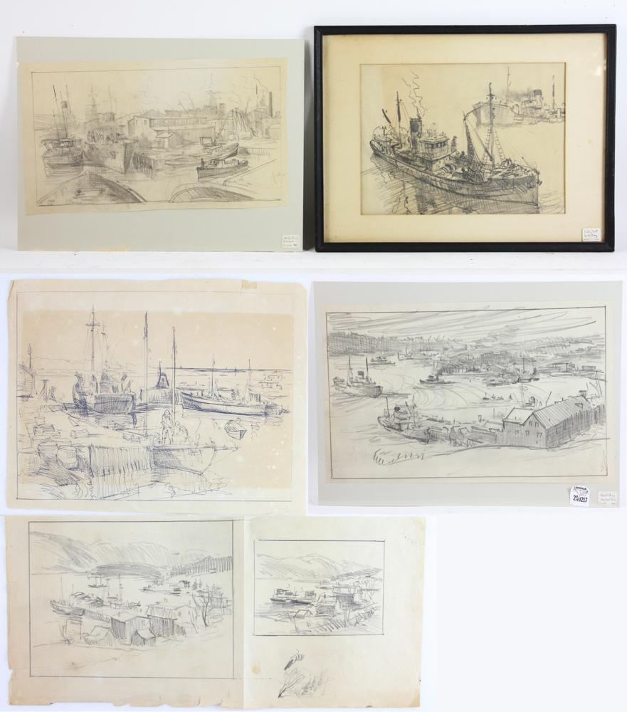 Jack L. Gray, Six Ink and Pencil Drawings: Jack L. Gray (Canadian, 1927-1981), six (6) ink and pencil drawings, one signed verso, largest 9" x 15" (image). Provenance: West Palm Beach, Florida.