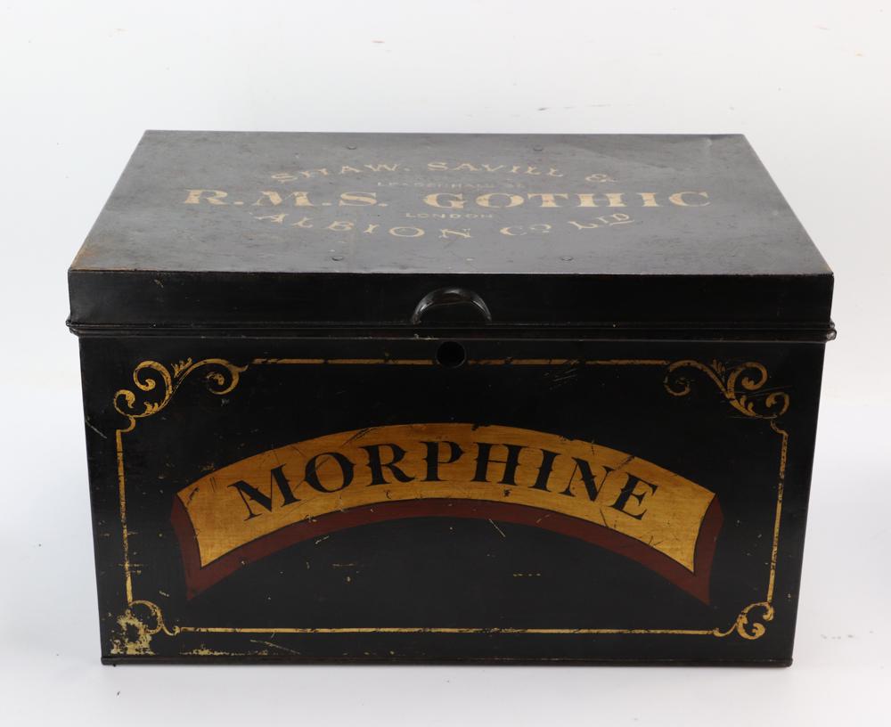 Hand Decorated Ship's Tin Medical Box, RMS Gothic: Hand-decorated ship's tin medical box from RMS Gothic, 11 3/4" H x 19 1/2" W x 13 1/4" D. Provenance: From a Duxbury, Massachusetts estate.