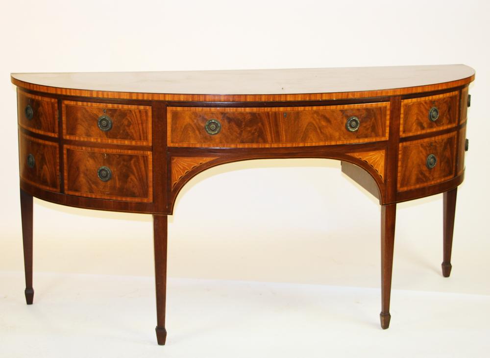 Early 20thC Hepplewhite Style Demilune Server: Early 20th century Hepplewhite-style inlaid mahogany demilune server, 36" H x 72" W x 26" D. Provenance: Keller Estate, Nahant, Massachusetts.