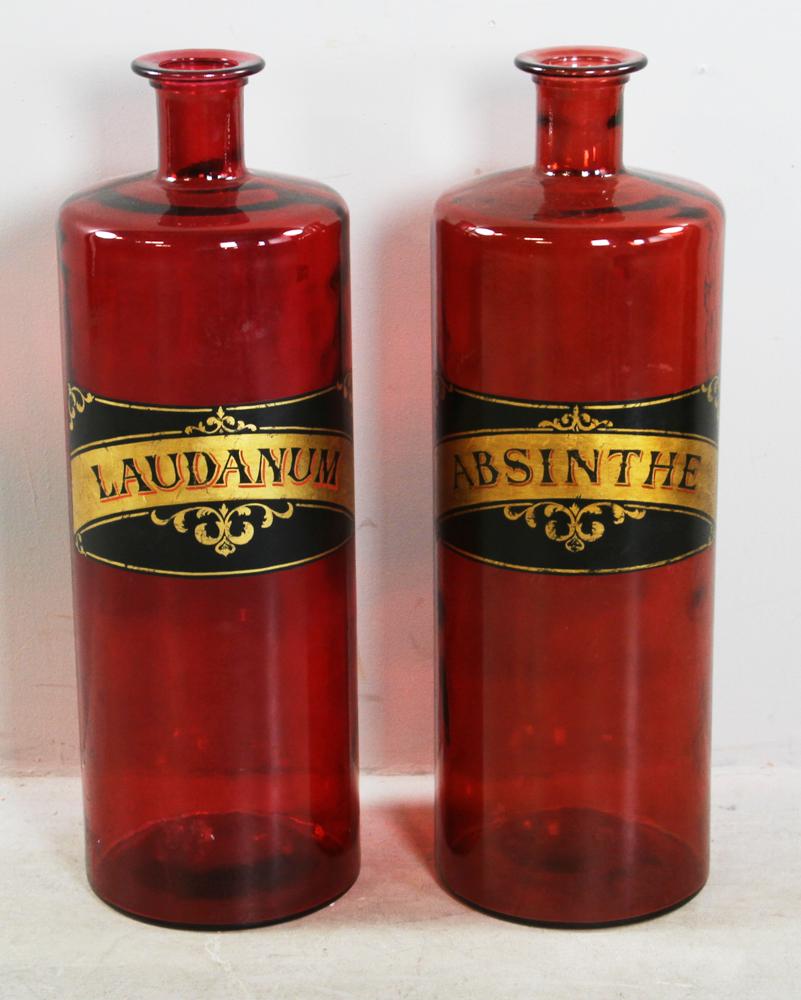 Two Large Apothecary Jars: Two (2) large apothecary jars, laudnum and absinthe, 30" H. Provenance: From a Duxbury, Massachusetts estate.