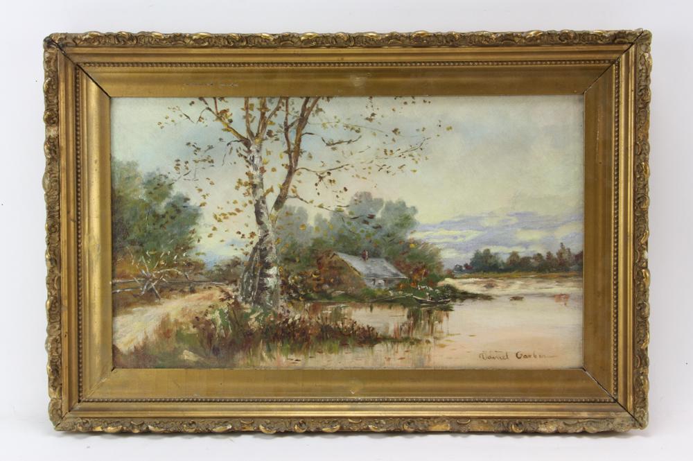 Daniel Garber, New England Landscape, Oil on Canvas: Daniel Garber (American, 1880-1958), New England landscape, oil on canvas, signed L/R, 10" x 17", framed 13 3/4" x 21". Provenance: From an Amityville, New York estate.