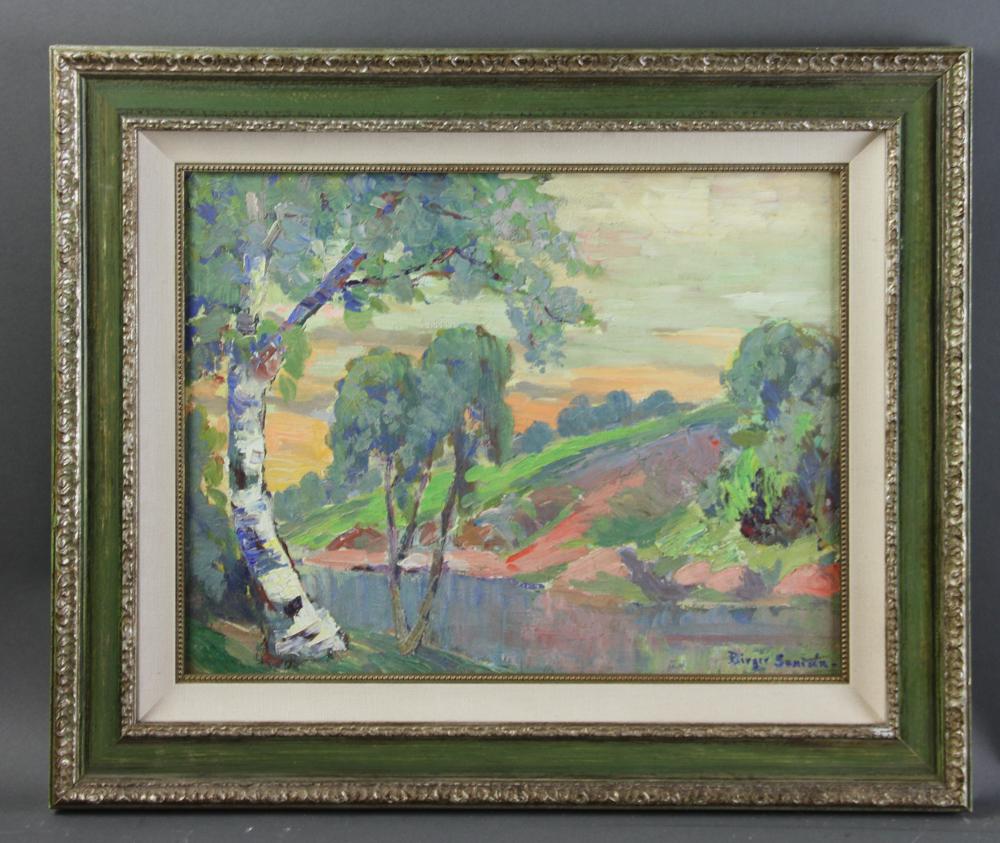 Birger Sandzen, Stream View with Birch Tree, Oil on: Stream view with white birch, oil on panel signed L/R, Birger Sandzen (Swedish-American, 1871-1954), 16" x 20", frame 20" x 24". Provenance: Private collection Los Angeles, California.