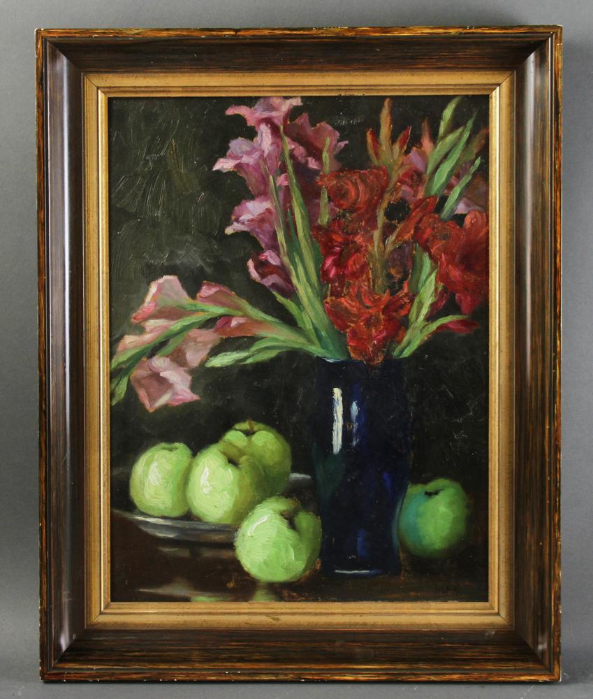 Walt Francis Kuhn, Floral and Fruit Still Life, Oil on: Floral and fruit still life, oil on panel, signed L/R, Walt (Walter) Francis Kuhn (American, 1877-1949), 19" x 14 1/4", frame 23 3/4" x 19". Provenance: Private collection Beverly Hills, California.