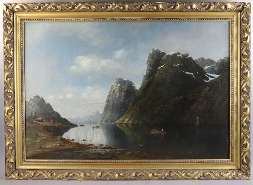 Adelsteen Normann, Fjord Scene: Adelsteen Normann (German and Norwegian, 1848-1918), fjord scene, oil on canvas, 27" x 38 3/4", frame 32 3/4" x 45". Provenance: important collection, Brentwood, California.
