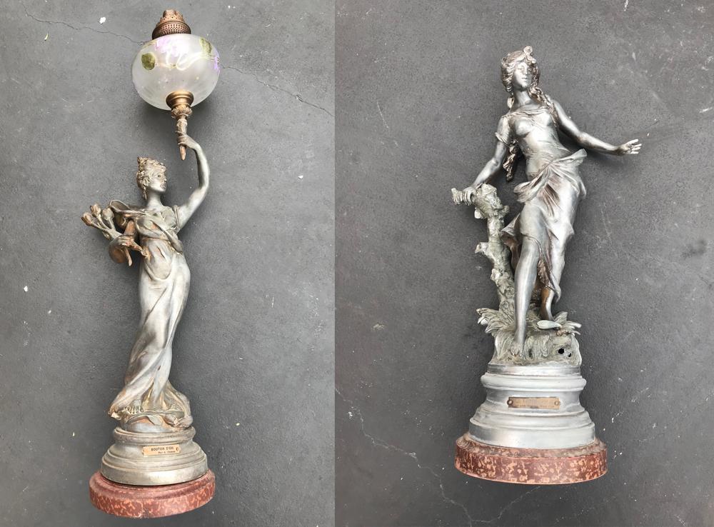 Statue and Oil Lamp, Moreau, Nelson: Statue and lamp, including: white metal statue, "La Libellule", marked A. Moreau, 20 1/2" H; Art Nouveau bronzed white metal oil lamp, A. Nelson, 32 3/4" H.