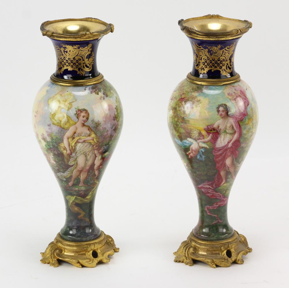 Pair of 19thC French Enamel Scenic Vases (1 of 3)