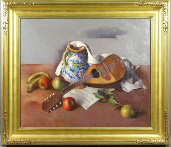 Signed Robert Brackman, Musical Tabletop, o/c: Robert Brackman (Russian/American, 1898-1980), Musical Tabletop, o/c, 25" x 30", signed "Brackman" LR.