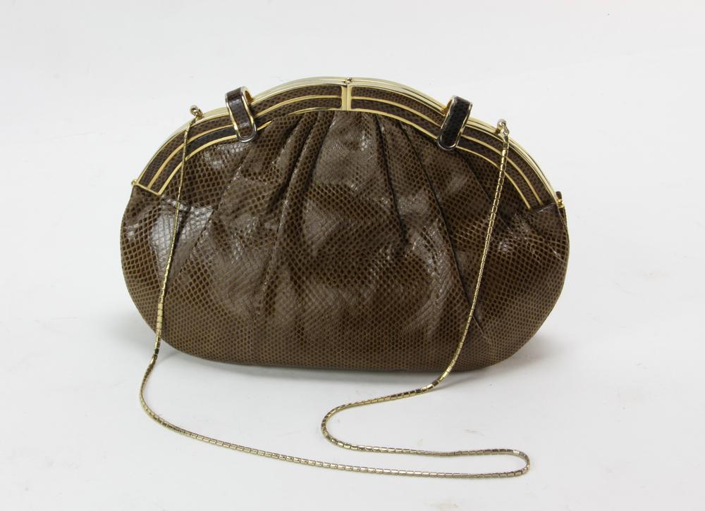 Judith Leiber Vintage 80s-90s Snakeskin Handbag: Judith Leiber vintage 1980s-1990s brown snakeskin handbag with chain handle. Provenance: From a California collector.