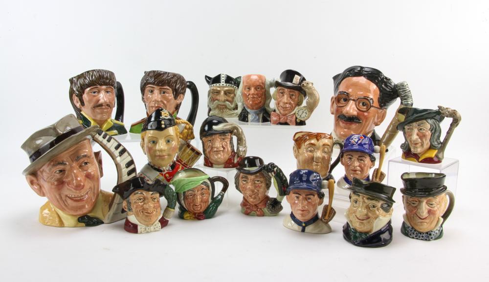 Collection of Royal Doulton Toby Jugs: Collection of eighteen (18) Royal Doulton toby jugs to include: two from the 'Celebrity series', Jimmy Durante and Groucho Marx; jugs depicting two of the Beatles, George Harrison and Ringo Starr; tog