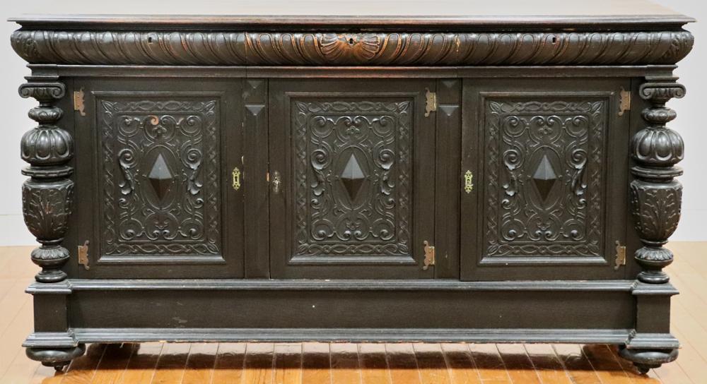 Antique Spanish Style Walnut Cabinet: Antique Spanish-style walnut buffet/cabinet, 40" H x 72" W x 22" D. Provenance: Lexington, Massachusetts collection.