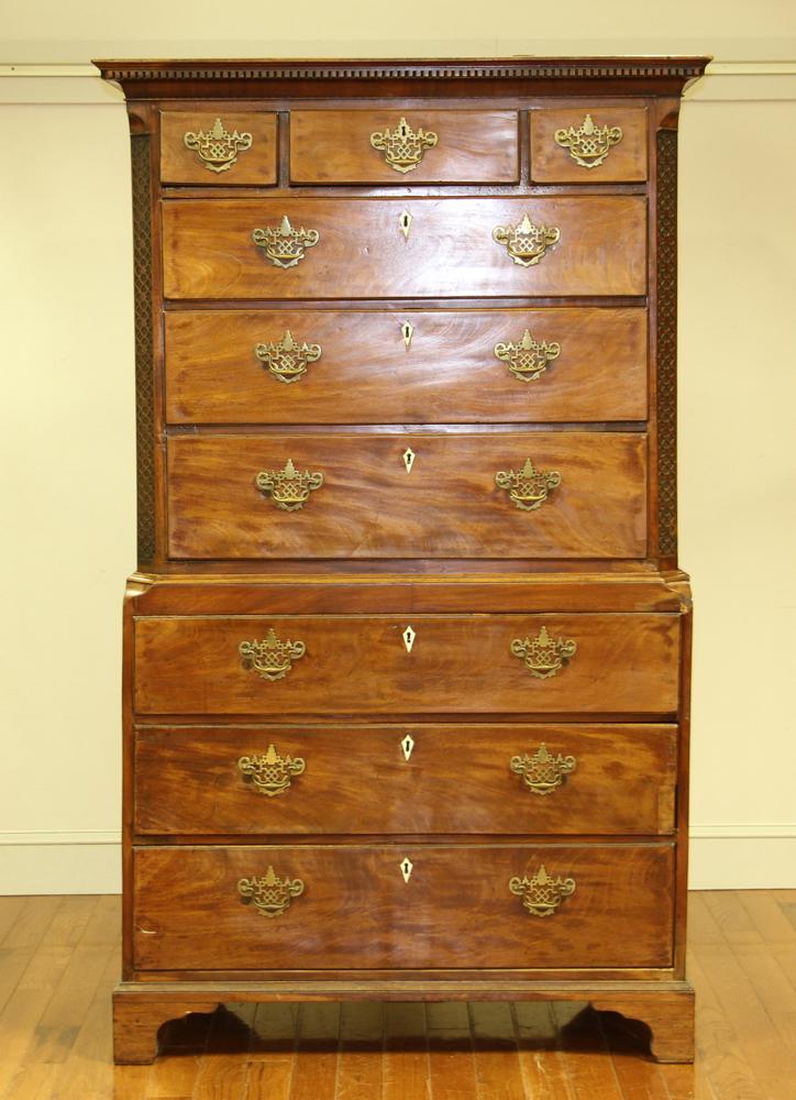 18thC English Chippendale Highboy: 18th century English Chippendale chest-on-chest highboy, solid mahogany, having solid brass handles and carved top border trim, 71" H x 42" W x 23 1/2" D. Provenance: From a Beverly, Massachusetts col