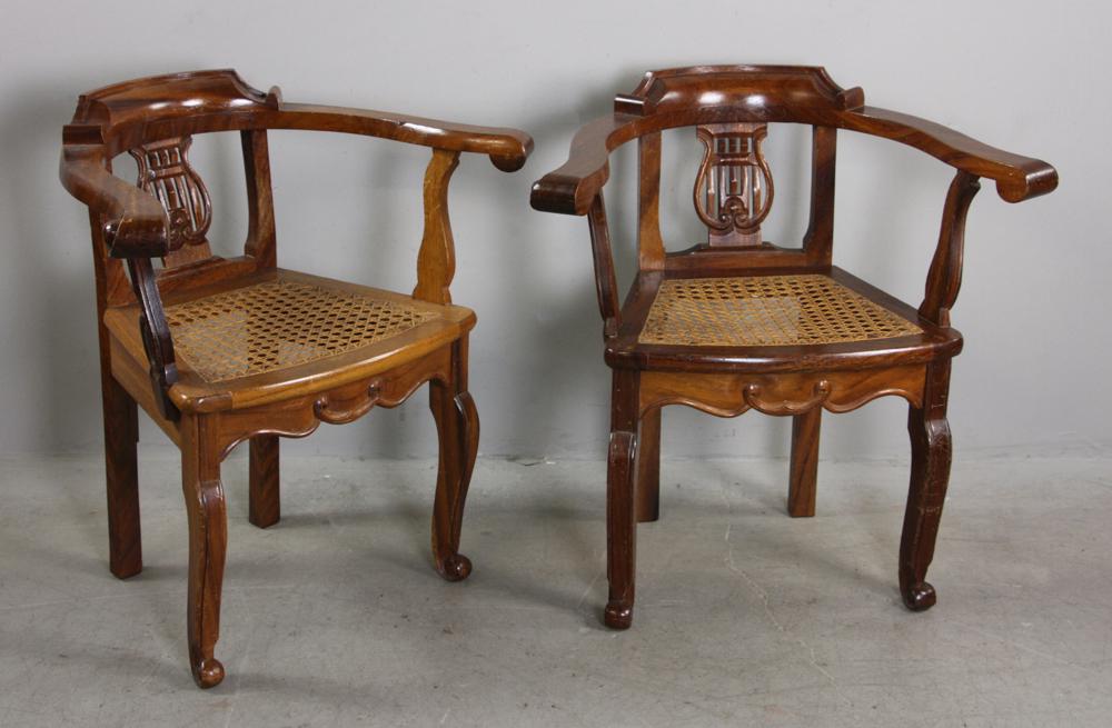 Pair of Mahogany Boudoir Chairs: Pair of mahogany boudoir chairs with caned seats and lyre back design, 26 1/2" H x 26 1/2" W x 18 1/2" D. Provenance: From the Keenan Family estate of North Miami, Florida.