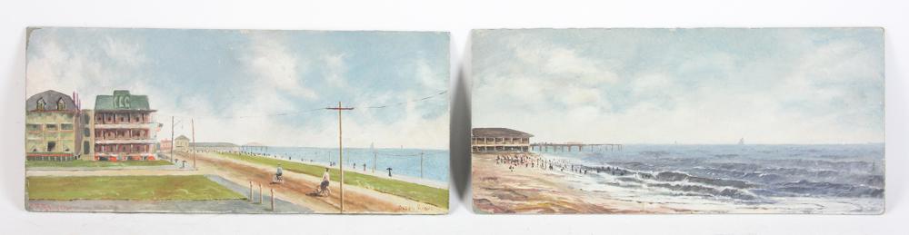Two 19thC Ocean Grove New Jersey Scenes: Two 19th century oils on board, Ocean Grove, New Jersey shore seascape scenes, signed L/L with "Ocean Grove" L/R, both 14 1/2" x 6". Provenance: Andover, Massachusetts estate.