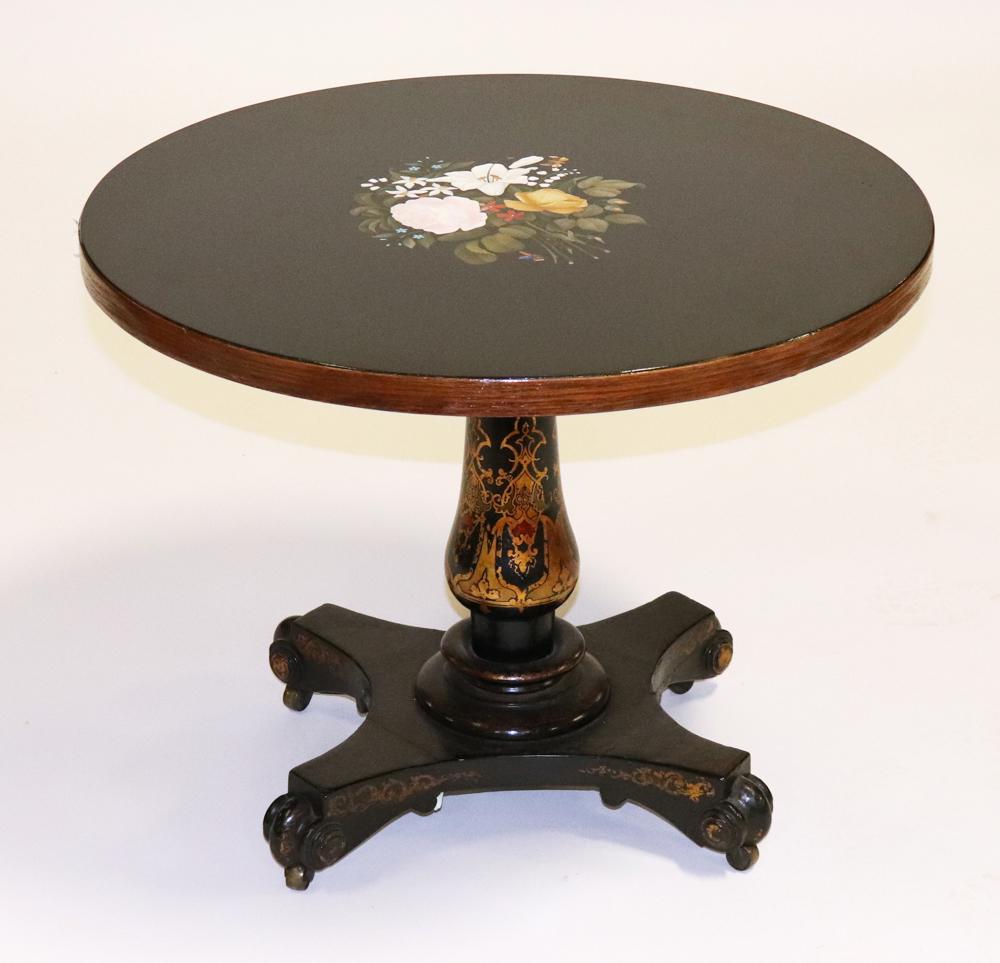 Italian Pietra Dura Floral Stone Inlaid Round Table: Italian pietra dura floral stone inlaid round table, having a 19th century gold decorated and black ebonized base (pedestal), 18" H x 23". Provenance: From the Keenan Family estate of North Miami, Flo